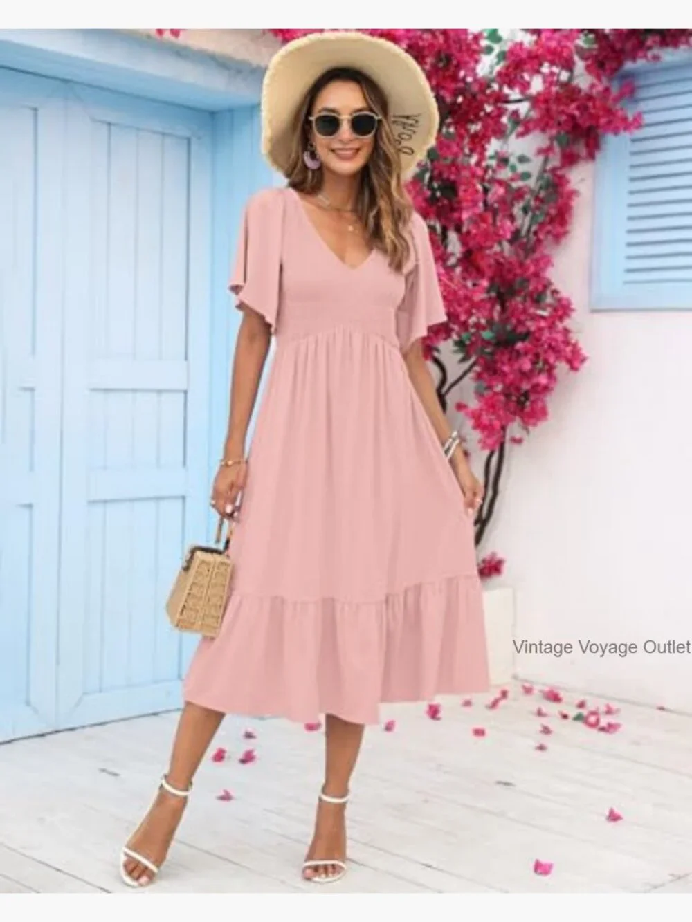 Smocked Empire Waist Midi Dress with Flutter Sleeves - Lightweight & Flowy - Picture 2 of 7